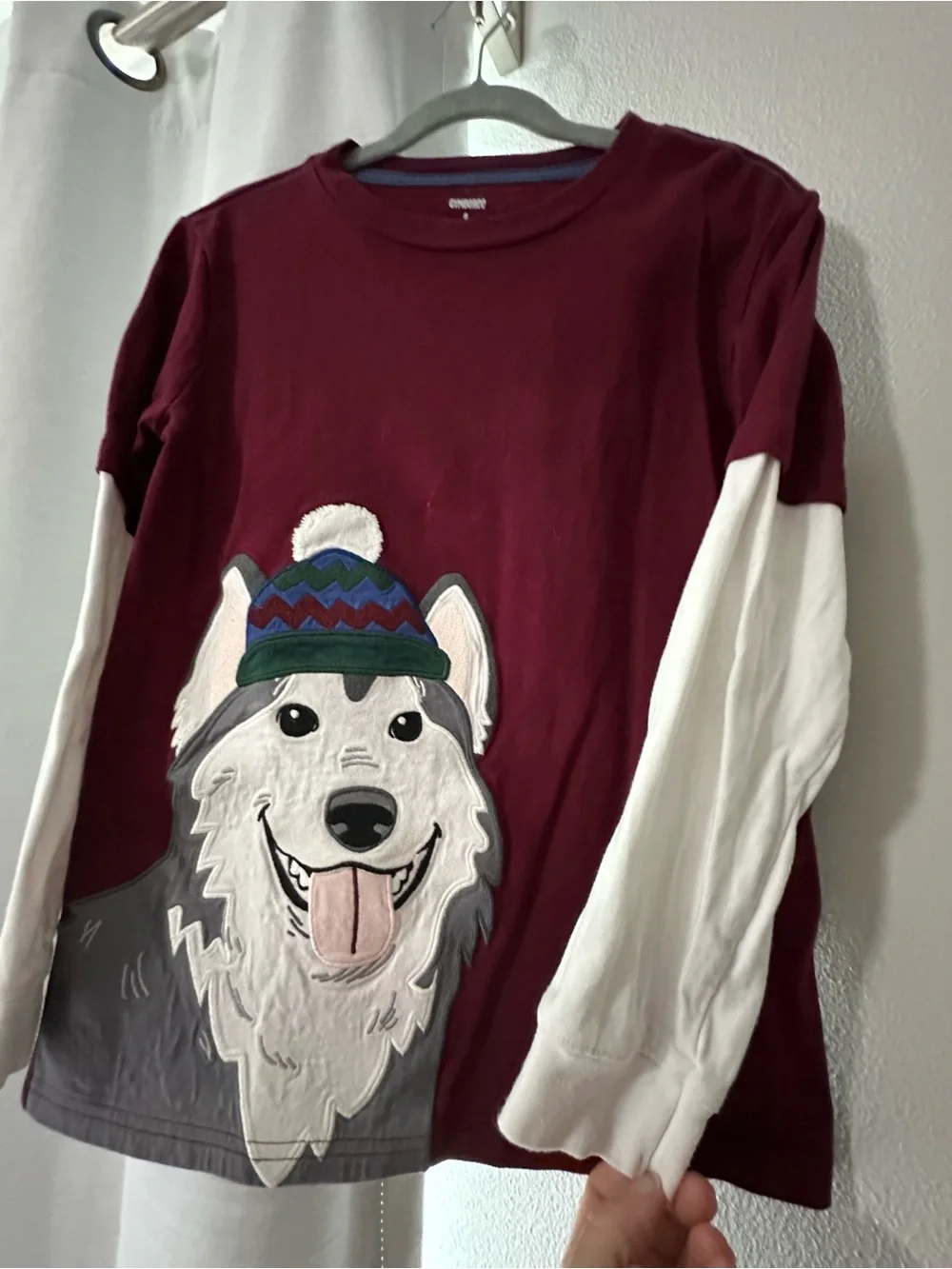 Kids Maroon Husky Gog Aplique Long Sleeve Tee with White Layered Sleeves